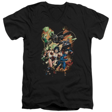 Black men's v-neck t-shirt with Justice League Battle Ready graphic