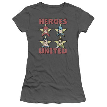 Charcoal juniors t-shirt with Justice League United Stars graphic