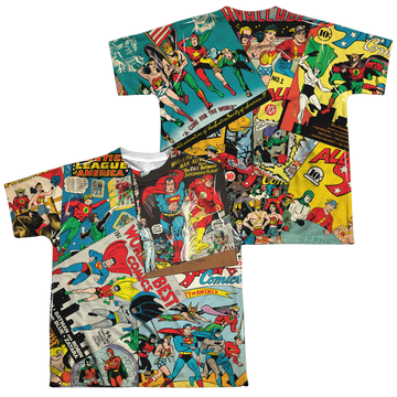 Justice League Classic Collage youth all-over print t-shirt for ages 8 to 12
