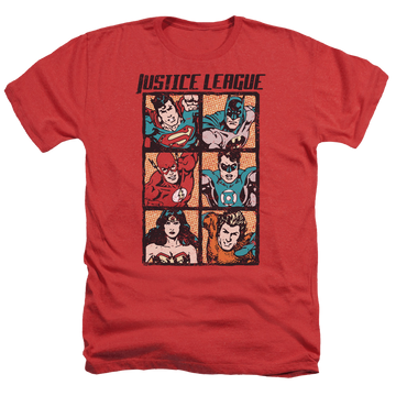 Red men's heather t-shirt with Justice League Rough Panels graphic