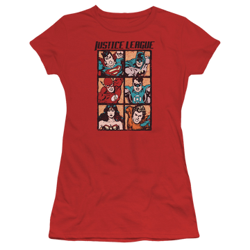 Red juniors t-shirt with Justice League Rough Panels graphic
