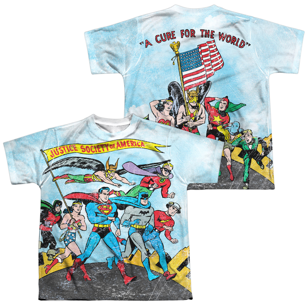 Justice League World Cure (Front/Back Print) - Youth All-Over Print T-Shirt Youth All-Over Print T-Shirt (Ages 8-12) Justice League