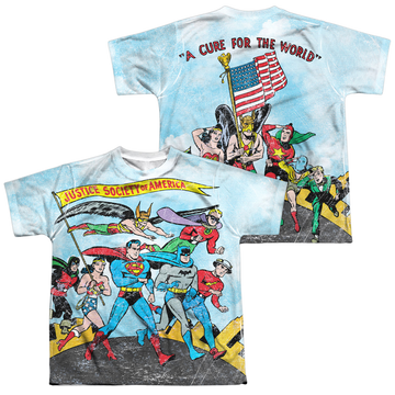 Justice League World Cure youth all-over print t-shirt for ages 8 to 12