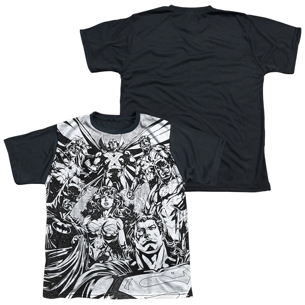 Justice League Graphic Gathering - Youth Black Back T-Shirt Youth Black Back T-Shirt (Ages 8-12) Justice League