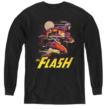Black youth long sleeve t-shirt with The Flash City Run graphic
