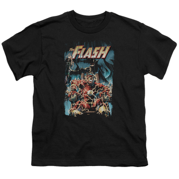 Black youth t-shirt for ages 8 to 12 with The Flash Electric Chair graphic