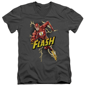Charcoal men's v-neck t-shirt with The Flash Bolt Run graphic
