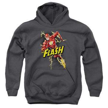 Charcoal youth hoodie for ages 8 to 12 with The Flash Bolt Run graphic