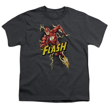 Charcoal youth t-shirt for ages 8 to 12 with The Flash Bolt Run graphic