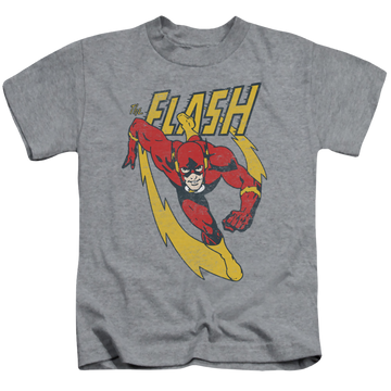 Athletic heather kid's t-shirt for ages 4 to 7 with The Flash Lightning Trail graphic