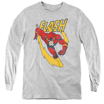 Athletic heather youth long sleeve t-shirt with The Flash Lightning Trail graphic