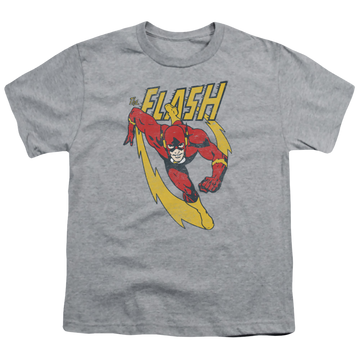 Athletic heather youth t-shirt for ages 8 to 12 with The Flash Lightning Trail graphic