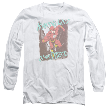 White men's long sleeve t-shirt with The Flash Running Wild graphic