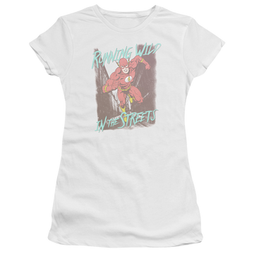 White juniors t-shirt with The Flash Running Wild graphic