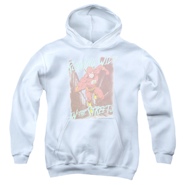 White youth hoodie for ages 8 to 12 with The Flash Running Wild graphic