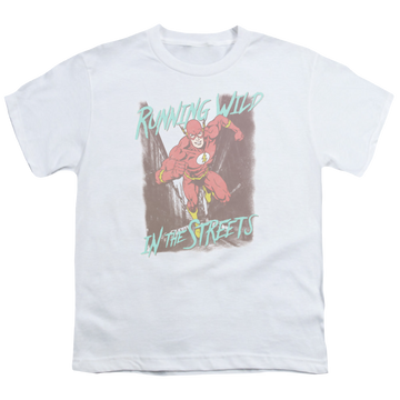 White youth t-shirt for ages 8 to 12 with The Flash Running Wild graphic