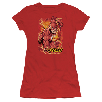 Red juniors t-shirt with Flash Lightning graphic