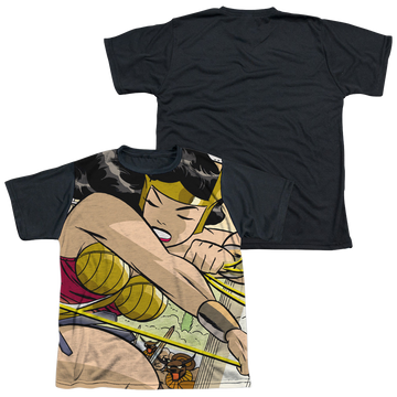 Wonder Woman Minotaur Battle youth black back t-shirt for ages 8 to 12