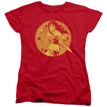 Red women's t-shirt with Wonder Woman Justice League Young Wonder graphic