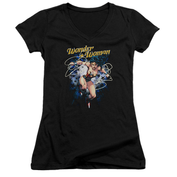 Black juniors v-neck t-shirt with Wonder Woman Justice League Starburst graphic