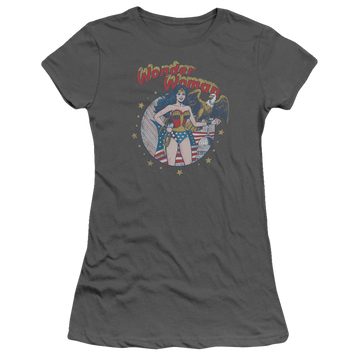 Charcoal juniors t-shirt with Wonder Woman Justice League At Your Service graphic