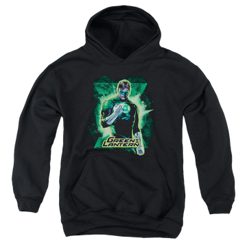 Black youth hoodie for ages 8 to 12 with Green Lantern Gl Brooding graphic