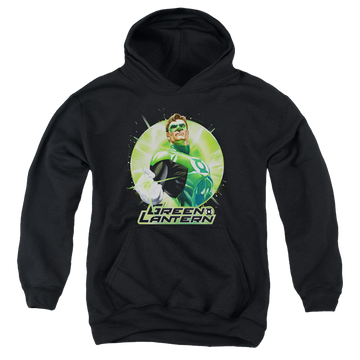 Black youth hoodie for ages 8 to 12 with Green Lantern Green Static graphic