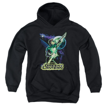 Black youth hoodie for ages 8 to 12 with Green Lantern Hal Galaxy graphic