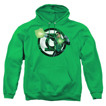 Kelly green pullover hoodie with Green Lantern Blasting Logo graphic