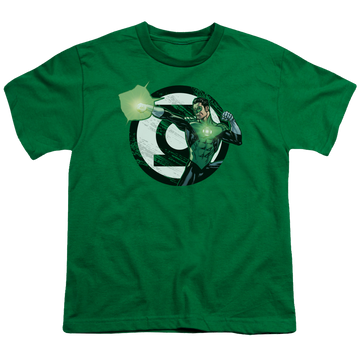 Kelly green youth t-shirt for ages 8 to 12 with Green Lantern Blasting Logo graphic
