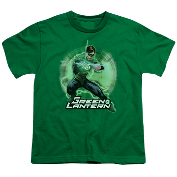 Kelly green youth t-shirt for ages 8 to 12 with Green Lantern Spin graphic