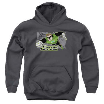 Charcoal youth hoodie for ages 8 to 12 with Green Lantern Space Cop graphic