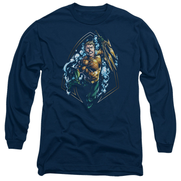Navy men's long sleeve t-shirt with Aquaman Thrashing graphic