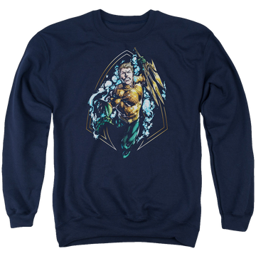 Navy men's crewneck sweatshirt with Aquaman Thrashing graphic