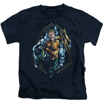 Navy kid's t-shirt for ages 4 to 7 with Aquaman Thrashing graphic