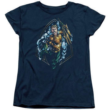 Navy women's t-shirt with Aquaman Thrashing graphic