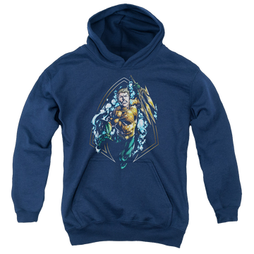 Navy youth hoodie for ages 8 to 12 with Aquaman Thrashing graphic