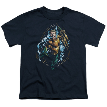 Navy youth t-shirt for ages 8 to 12 with Aquaman Thrashing graphic