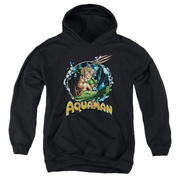 Black youth hoodie for ages 8 to 12 with Aquaman Ruler Of The Seas graphic
