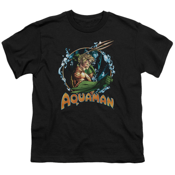 Black youth t-shirt for ages 8 to 12 with Aquaman Ruler Of The Seas graphic