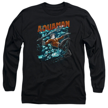 Black men's long sleeve t-shirt with Aquaman Aqua Bubbles graphic