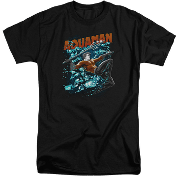 Black men's tall fit t-shirt with Aquaman Aqua Bubbles graphic