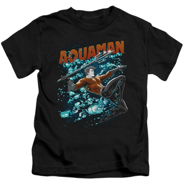 Black kid's t-shirt for ages 4 to 7 with Aquaman Aqua Bubbles graphic