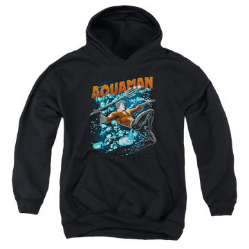 Black youth hoodie for ages 8 to 12 with Aquaman Aqua Bubbles graphic