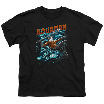Black youth t-shirt for ages 8 to 12 with Aquaman Aqua Bubbles graphic