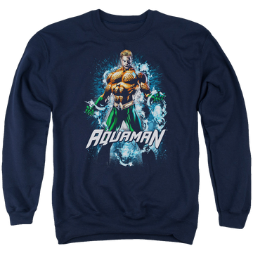 Navy men's crewneck sweatshirt with Aquaman Water Powers graphic