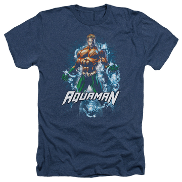 Navy men's heather t-shirt with Aquaman Water Powers graphic