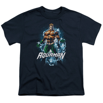 Navy youth t-shirt for ages 8 to 12 with Aquaman Water Powers graphic