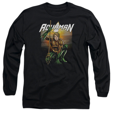 Black men's long sleeve t-shirt with Aquaman Beach Sunset graphic