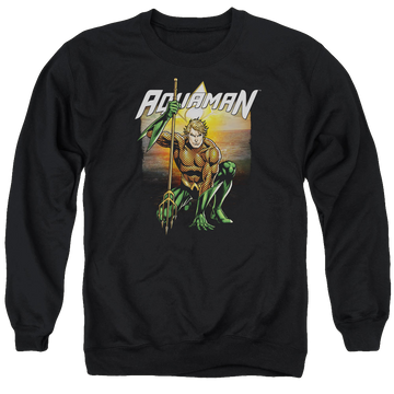 Black men's crewneck sweatshirt with Aquaman Beach Sunset graphic